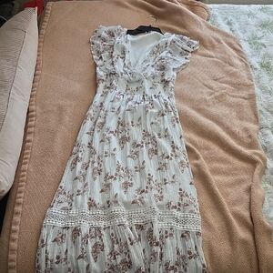 Elegant White and Brown Floral Maxi Dress